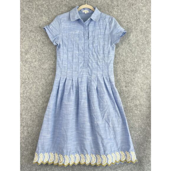 SUNO Dresses & Skirts - Suno Dress Womens 4 Blue Pleated Embroidery Gold Trim Midi Short Sleeve Resort